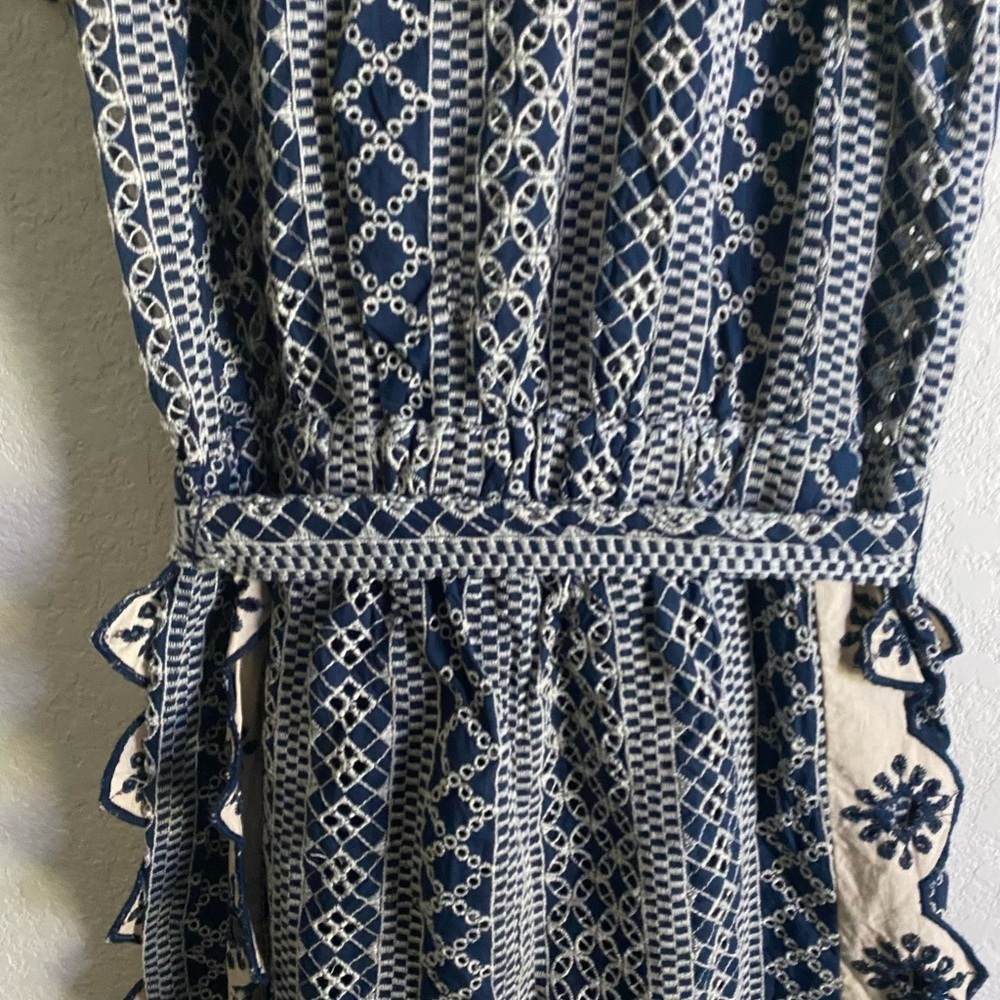 Chloe Laetitia Ruffle Detail Embroidered Eyelet Blue Cream Belted Jumpsuit Sz S - Picture 12 of 16